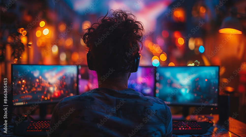 Poster a man is sitting in front of a computer with a pair of headphones on. he is playing a video game on 