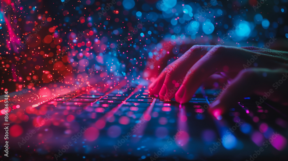 Aufkleber a person is typing on a keyboard with a colorful background. concept of creativity and productivity,