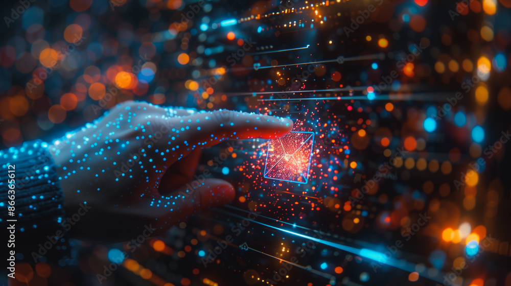 Poster a hand is pointing at a box on a computer screen. the box is surrounded by a colorful, glowing backg
