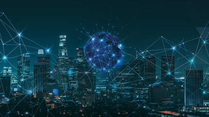 Digital Network Connections Over Cityscape at Night