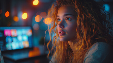 A woman with long hair is looking at a laptop screen. The laptop screen is displaying a variety of images and videos. The woman is focused on the screen, possibly working or browsing the internet