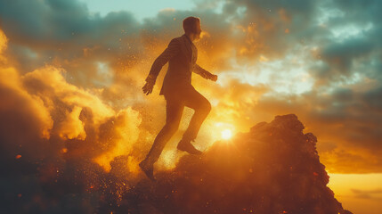 A man overcoming adversity by climb to the top of  mountain of success, representing the challenge and difficulty to win in a competitive business environment.