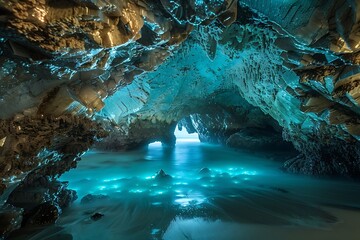An underwater crystal cave glowing with bioluminescent algae
