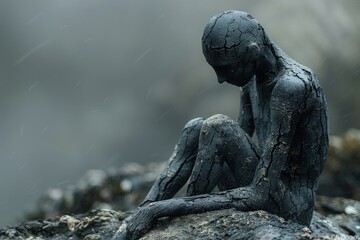 A figure covered in cracked mud sits solemnly on a rocky surface, with a pensive posture and a blurred face, illustrating a moment of deep introspection and solitude.