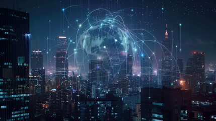 Digital Network Connections Over Cityscape at Night