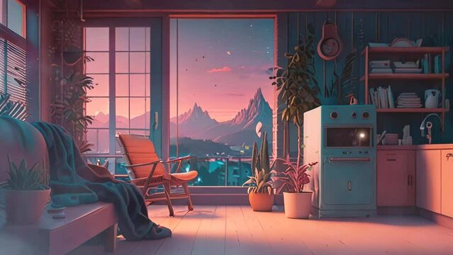 Home room with beautiful pentai background, in smooth looping background with 4K video animation 