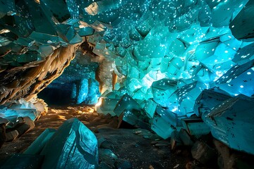 An underwater crystal cave glowing with bioluminescent algae