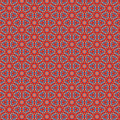 Abstract geometric floral mosaic pattern in apricot orange red blue colors