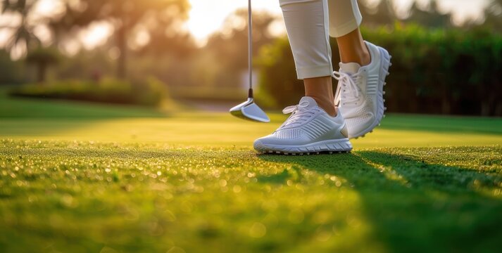 Close-Up of a Golf Club Hitting a Golf Ball at the Moment of Impact on a Tropical Golf Course with Palm Trees