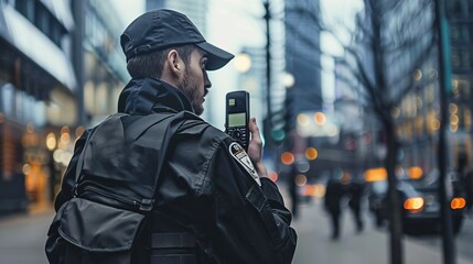 Urban security officer on duty in a busy city street. The cap and backpack suggest readiness and mobility. Urban security professional maintaining safety. High-resolution photo for editorial use. AI
