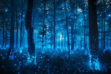 Bioluminescent trees in a mystical forest of luminescence
