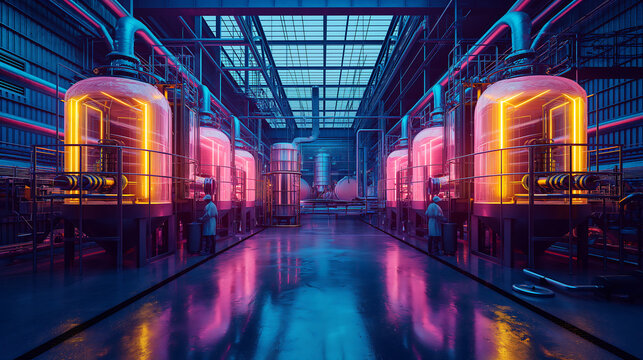 Futuristic industrial factory with glowing neon-lit bioreactors and advanced technology. Sci-fi production facility, high-tech manufacturing, cyberpunk aesthetics, and innovation hub.

