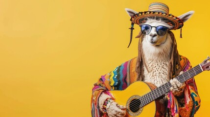 Llama hippie with dreadlocks plays the guitar in a multi-colored hat on a yellow background. Place for text