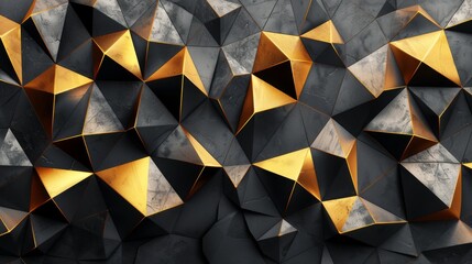 Abstract 3D render of geometric shapes with black and gold texture. Modern and minimal design for background, wallpaper, or design element.