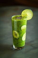 Green Detox Smoothie: A tall glass of green smoothie with spinach, kale, and avocado, garnished with a slice of lime and chia seeds.