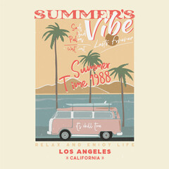 Beach club. Los Angeles city in California. Good vibes vintage vector design. Holliday road trip by vehicle. California surfing club vector artwork for apparel, stickers, background and other.