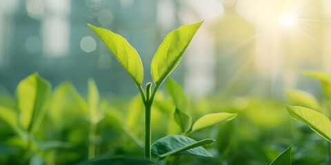 Fototapeta premium Ecofriendly factory replaces polluting factory to lower carbon emissions per Kyoto Protocol. Concept Ecofriendly Practices, Green Technology, Sustainable Manufacturing, Carbon Emissions Reduction