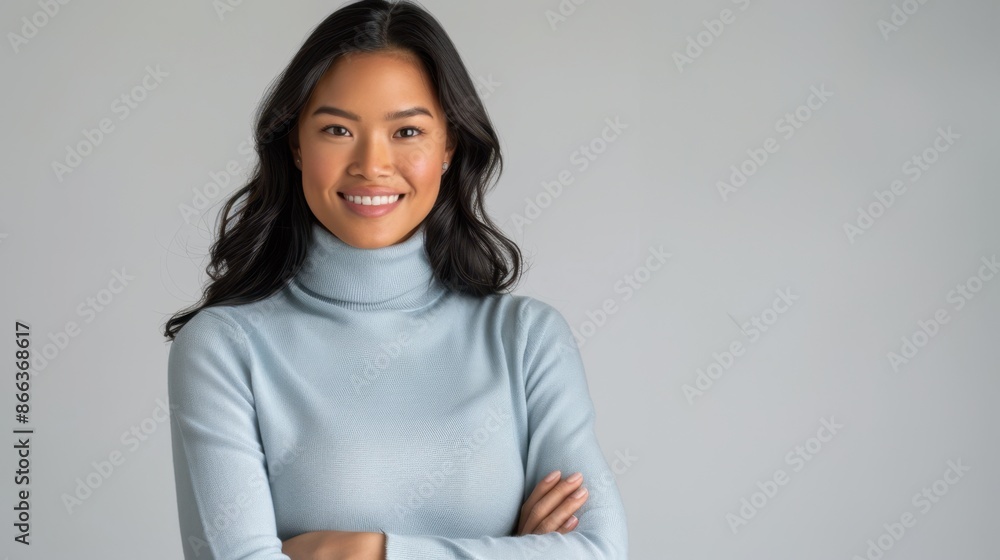 Poster the woman in blue sweater.