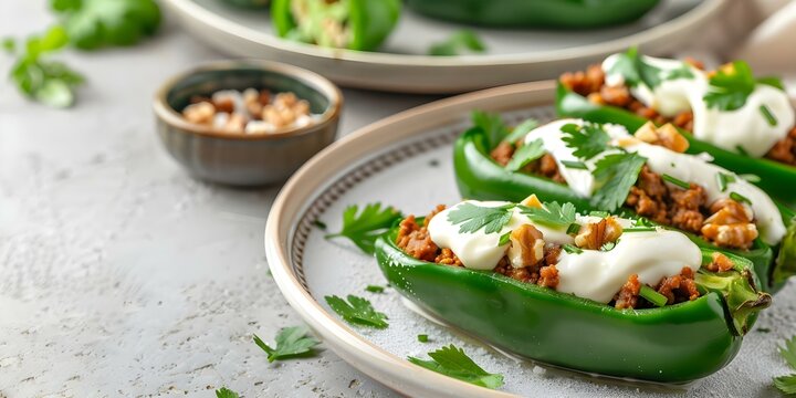 Mexican dish chiles en nogada stuffed with picadillo topped with walnut cream. Concept Mexican Cuisine, Stuffed Peppers, Walnut Cream, Chiles en Nogada, Traditional Dish