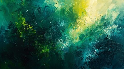Obraz premium Abstract green and yellow painting with brushstrokes and textures, creating a deep and atmospheric landscape. 