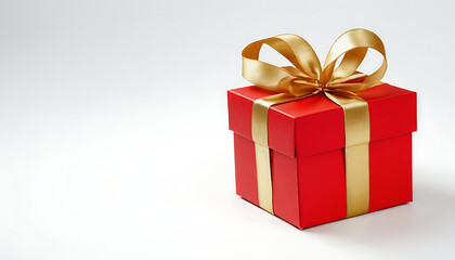 Obraz premium A single red gift box with a gold ribbon, perfect for representing holidays, birthdays, celebrations, or special occasions. Ideal for websites, ads, or social media posts promoting gifts, products, or