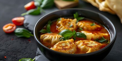 Spicy Nepalese dumpling soup with fried gyoza in tomato seasoned broth. Concept Nepalese Cuisine, Spicy Dumplings, Gyoza Soup, Tomato Broth, Flavorful Ingredients