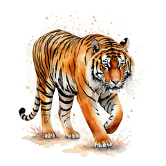 Obraz premium Watercolor painting of a majestic tiger, capturing its strength and beauty. Ideal for wildlife enthusiasts, nature lovers, or designs celebrating this iconic animal.