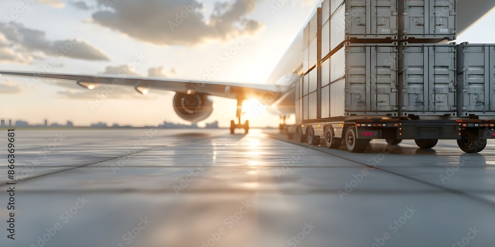 Poster preparing cargo containers for shipment loading onto airplane in logistics. concept cargo containers