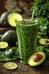 Green Detox Smoothie: A tall glass of green smoothie with spinach, kale, and avocado, garnished with a slice of lime and chia seeds.