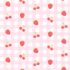 Cherry and strawberry fruit seamless pattern with gingham background