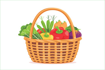 Wicker basket full of fresh vegetables vector illustration. Basket with vegetables. Wicker basket with vegetables isolated on a white background, Flat style cartoon vector illustration.