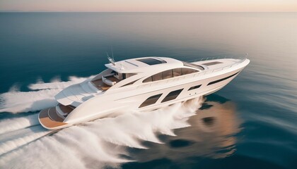 luxury modern speed boat vehicle yacht white moving at ocean, ad shot, sunset view
