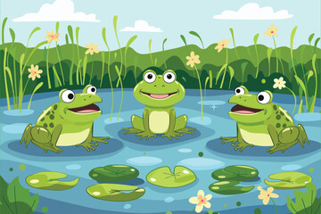 Obraz premium Three green frogs at the pond Flat style cartoon vector illustration. Frog Cartoon. Frogs in a pond. Frog Design. 