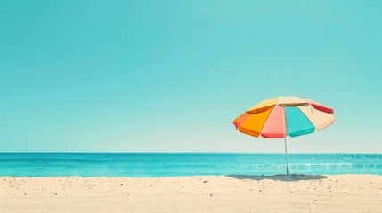 A simplistic beach holiday banner with a lone colorful beach umbrella on a solid background, perfect for social media.

