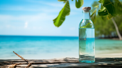 Obraz premium bottle of fresh water in beach background 