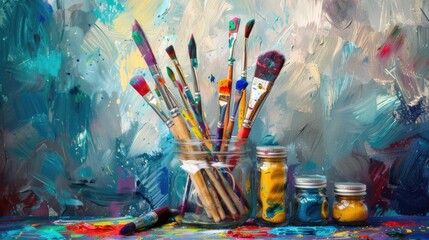 Mason Jar with Colorful Paintbrushes