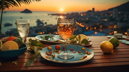 A glass of wine and a plate of fruit with a sunset view in the background.