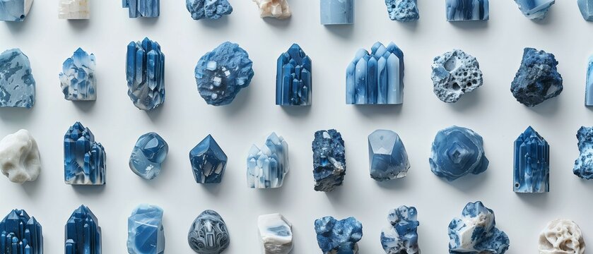 Variety blue white stones on white background, iolite tanzanite dumortierite