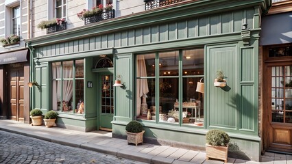 Charming Vintage French Boutique Storefront in Green - Traditional European Architecture