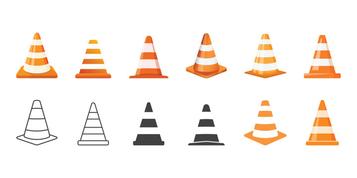 Traffic cone icon set in flat style. Safety obstacle vector illustration on isolated background. Construction barrier sign business concept.