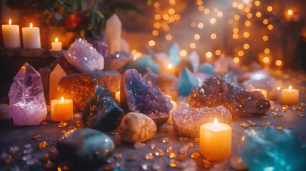 Mystical Crystal Arrangement with Candles and Fairy Lights, Serene Ambiance, Perfect for Meditation and Relaxation, Vibrant Gemstones, Spiritual Healing Decor
