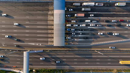 Aerial view gate for expressway fee payment in the city.