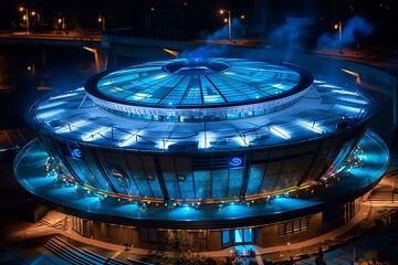 The Kryptonian center for performing arts with a light show