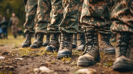  Military boots on the legs of soldiers in a row. Soldiers dressed in army camouflage in an army parade