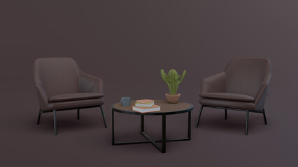 Three dimensional render of modern dining table inside industrial loft. 3d render