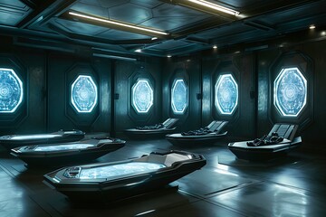 The Kryptonian council chamber with floating seats and holographic displays