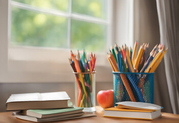 Fototapeta premium Books and school supplies are laid out on the desktop against the background of a window