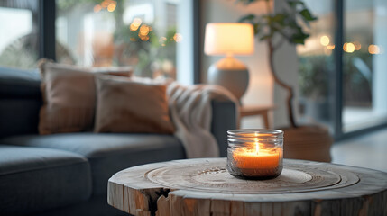 Close up of glass jar with burning candle on wooden coffee table. Lamp on side table near sofa in minimalist loft home interior design.