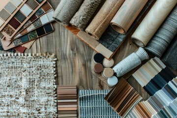 Carpet and Flooring Samples on Wooden Background