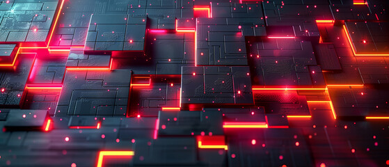 Abstract neon red and black geometric shapes on futuristic background.